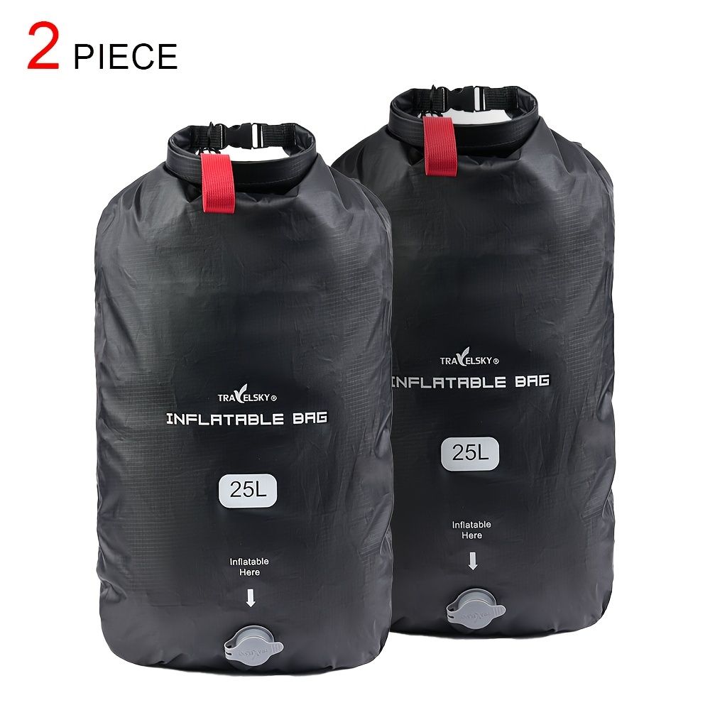 Black inflatable dry bag set, 25L dry bag, waterproof travel bag, inflatable waterproof bag, outdoor dry bag, camping gear, beach essentials, Australia travel accessories, water sports bag, dry bag 25 litre, cushioning dry bag, hiking bag