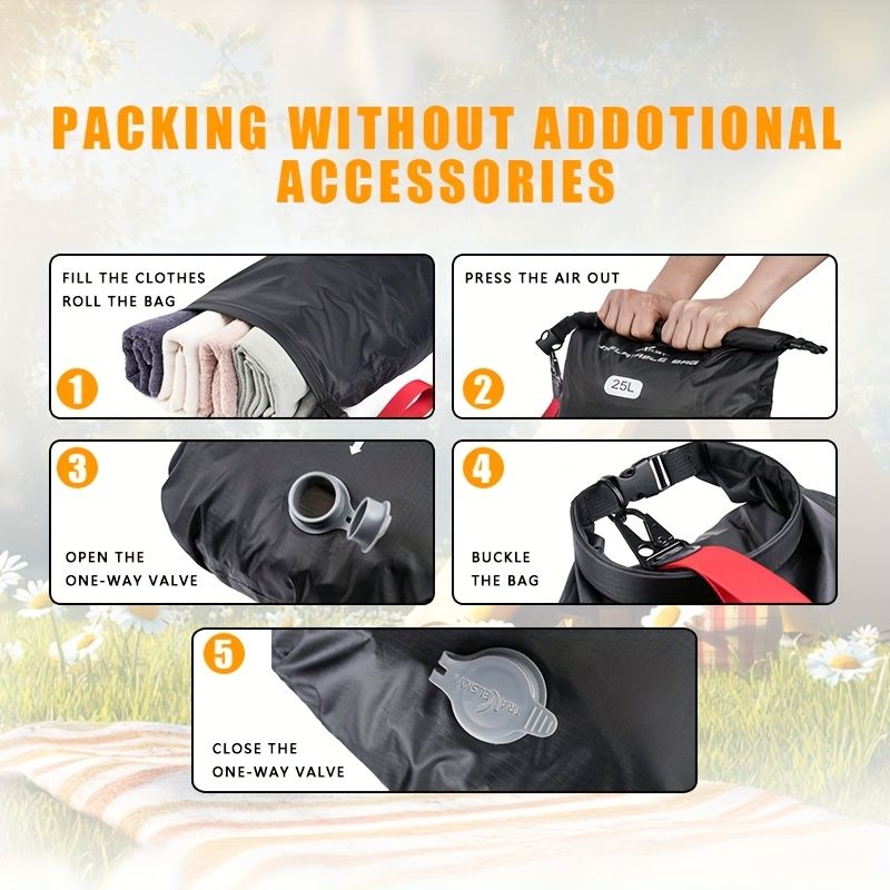 Black inflatable dry bag set, 25L dry bag, waterproof travel bag, inflatable waterproof bag, outdoor dry bag, camping gear, beach essentials, Australia travel accessories, water sports bag, dry bag 25 litre, cushioning dry bag, hiking bag