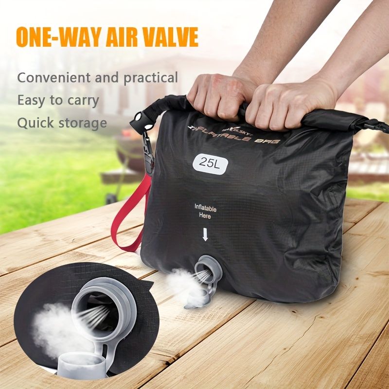 Black inflatable dry bag set, 25L dry bag, waterproof travel bag, inflatable waterproof bag, outdoor dry bag, camping gear, beach essentials, Australia travel accessories, water sports bag, dry bag 25 litre, cushioning dry bag, hiking bag