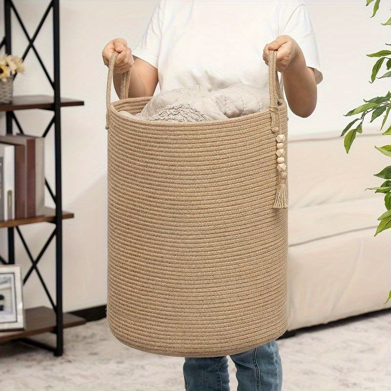 Brown Gray round rope laundry basket, tassel laundry basket, high quality laundry basket, bohemian laundry basket, stylish laundry basket, boho rope basket, large laundry hamper, Australian home decor