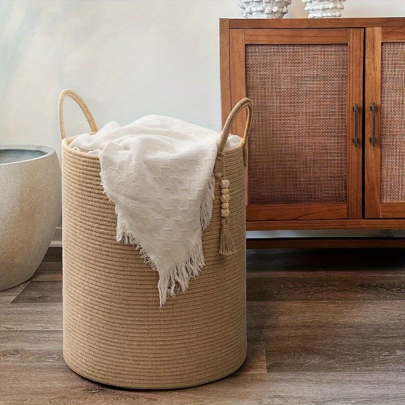 Brown Gray round rope laundry basket, tassel laundry basket, high quality laundry basket, bohemian laundry basket, stylish laundry basket, boho rope basket, large laundry hamper, Australian home decor