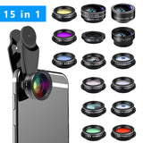 15-in-1 kit with multiple special effects functions, compatible with iPhone and Android smartphones. Includes: 198 fisheye, 0.63x wide angle, 15x macro, 2x telephoto, CPL polarizer, kaleidoscope lens, star filter, mist filter, radial filter