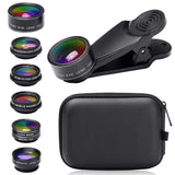 15-in-1 kit with multiple special effects functions, compatible with iPhone and Android smartphones. Includes: 198 fisheye, 0.63x wide angle, 15x macro, 2x telephoto, CPL polarizer, kaleidoscope lens, star filter, mist filter, radial filter