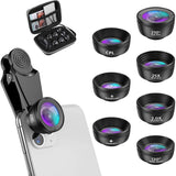 15-in-1 kit with multiple special effects functions, compatible with iPhone and Android smartphones. Includes: 198 fisheye, 0.63x wide angle, 15x macro, 2x telephoto, CPL polarizer, kaleidoscope lens, star filter, mist filter, radial filter