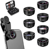 15-in-1 kit with multiple special effects functions, compatible with iPhone and Android smartphones. Includes: 198 fisheye, 0.63x wide angle, 15x macro, 2x telephoto, CPL polarizer, kaleidoscope lens, star filter, mist filter, radial filter
