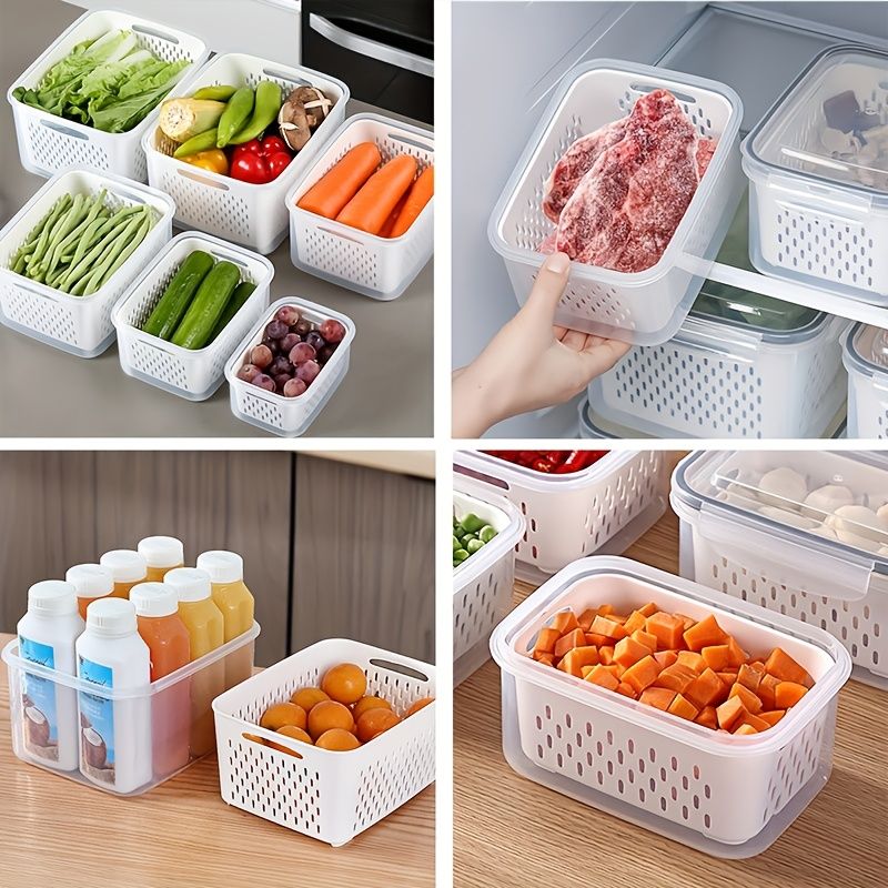 9-piece set (3 containers + 3 lids + 3 draining baskets) plastic food storage box - leak-proof, freezer-safe, reusable multi-functional kitchen storage box, suitable for fruits, vegetables and most foods