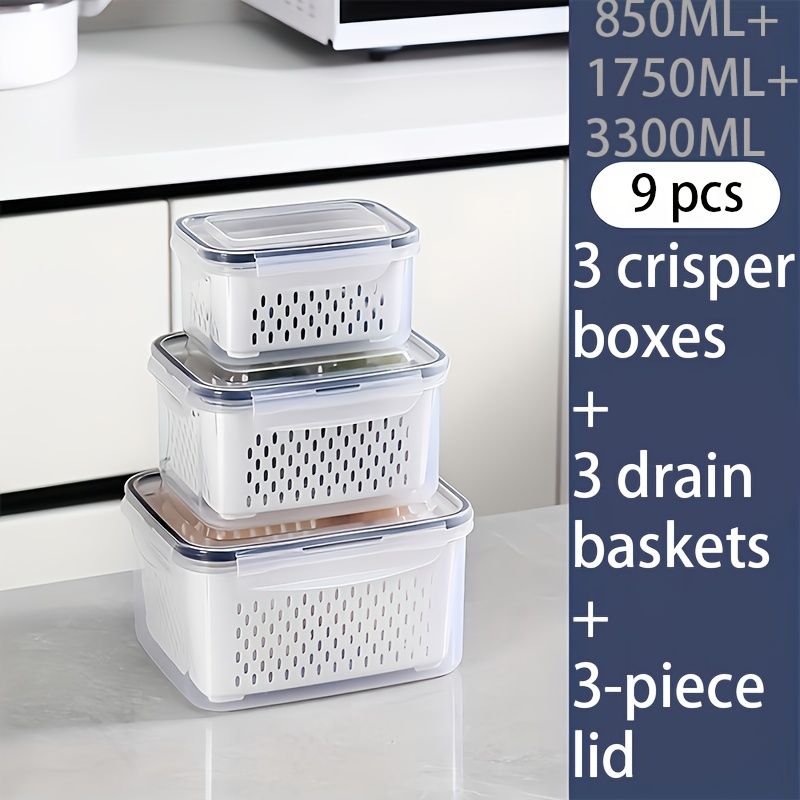 9-piece set (3 containers + 3 lids + 3 draining baskets) plastic food storage box - leak-proof, freezer-safe, reusable multi-functional kitchen storage box, suitable for fruits, vegetables and most foods