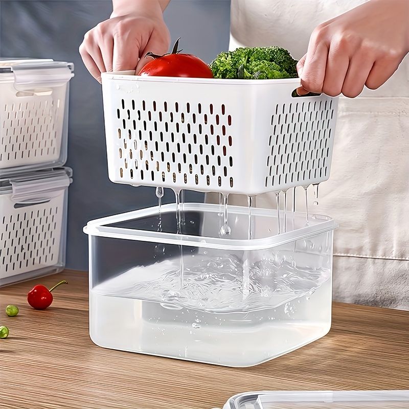 9-piece set (3 containers + 3 lids + 3 draining baskets) plastic food storage box - leak-proof, freezer-safe, reusable multi-functional kitchen storage box, suitable for fruits, vegetables and most foods