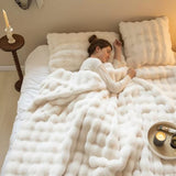 White Luxury Toscana Fleece Rabbit Fur Bubble Blanket, Double-Sided Plush King Size Bedding Set (180x200 cm)
