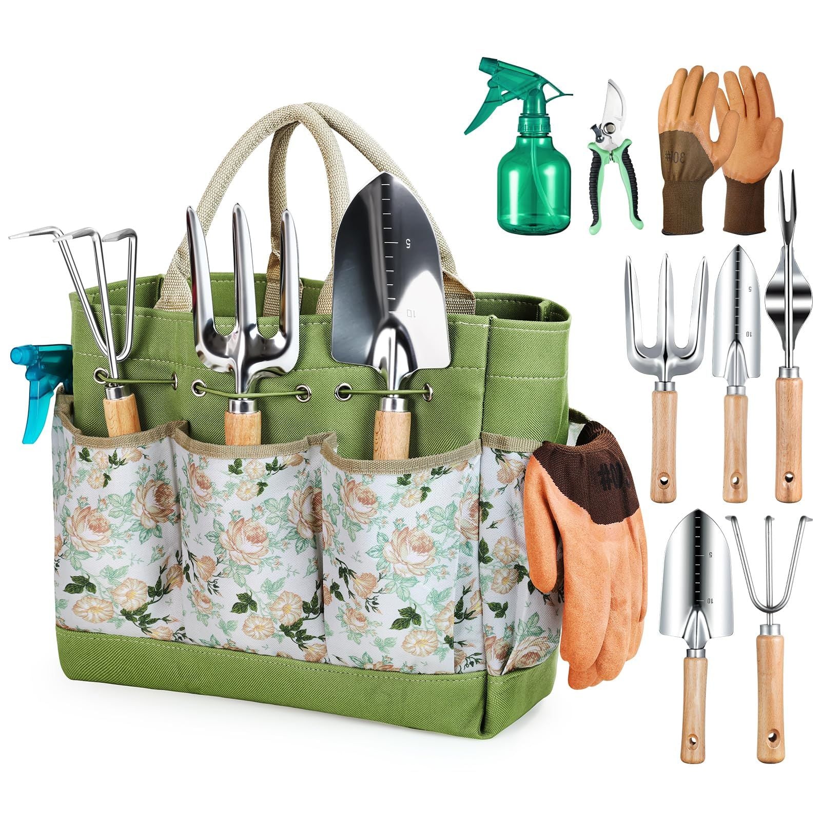Complete Garden Tool Set with Tote Bag-Green
