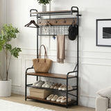 5-in-1 Entryway Hall Tree and 3 Tier Storage Bench, Pipe Style Coat Rack with 9 Hooks, Rustic Brown