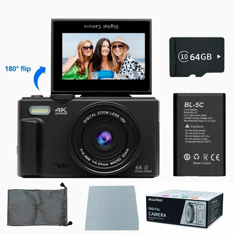 Camera Accessories: 4K Digital Camera for Photography 64MP Vlogging Black