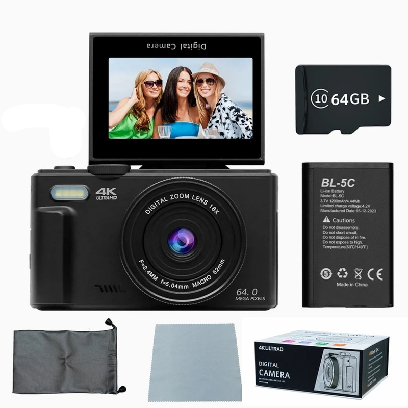 Camera Accessories: 4K Digital Camera for Photography 64MP Vlogging Black