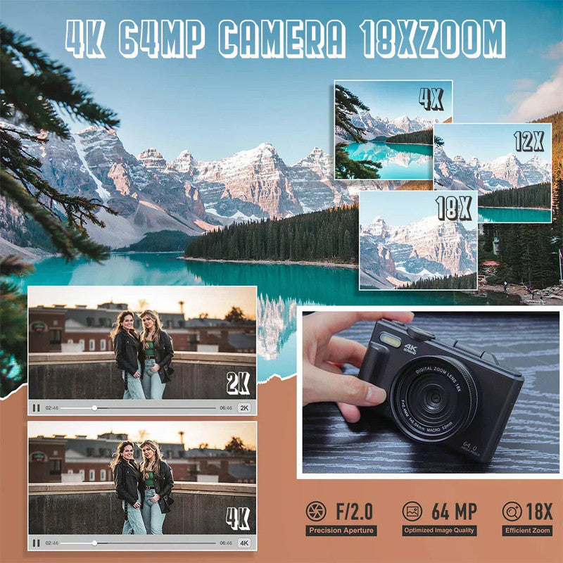 Camera Accessories: 4K Digital Camera for Photography 64MP Vlogging Black