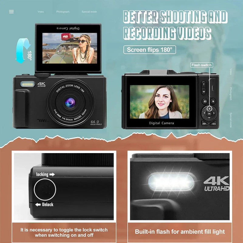 Camera Accessories: 4K Digital Camera for Photography 64MP Vlogging Black