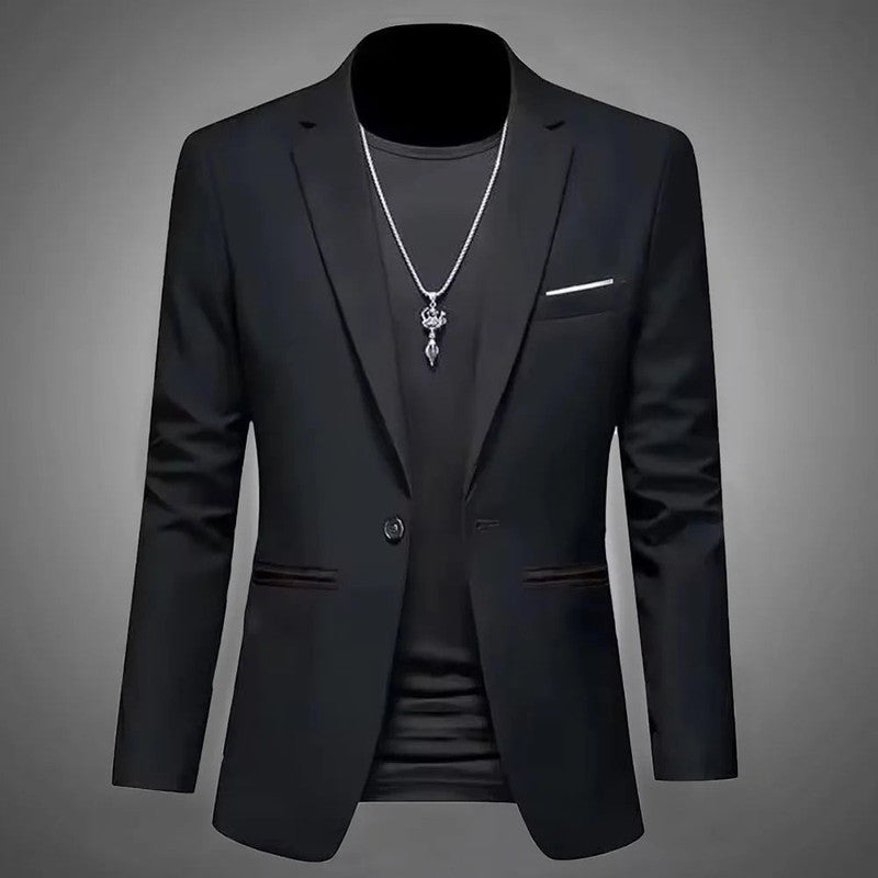 Men's Coats & Jackets: Mens Slim Fit Casual Suit Jacket Single Button (Black)