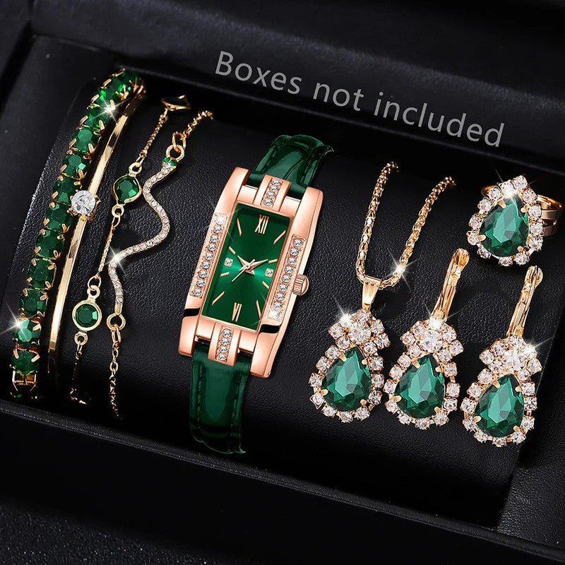 Green Womens Quartz Watch Jewelry Gift Set