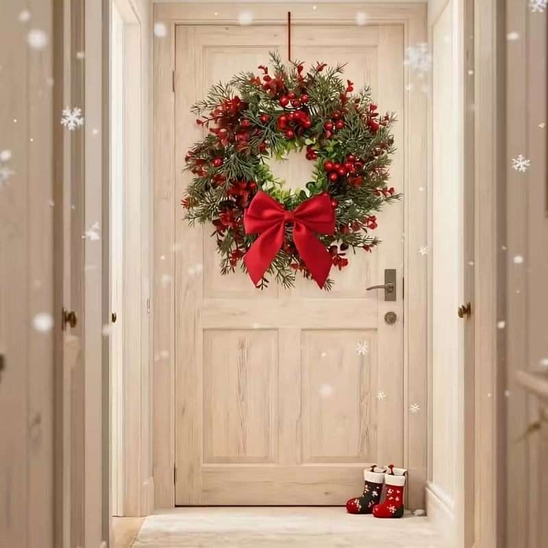 Artificial Christmas Wreath with Red Bow (2pcs)