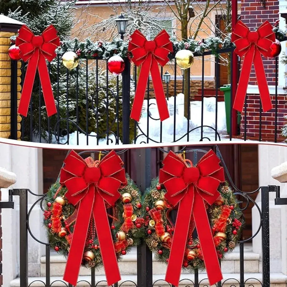 Large Red Velvet Christmas Bow with Gold Glitter Edge