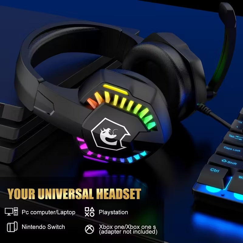Over Ear Headphones: Wired Gaming Headset with RGB Lights and Noise Cancelling Mic