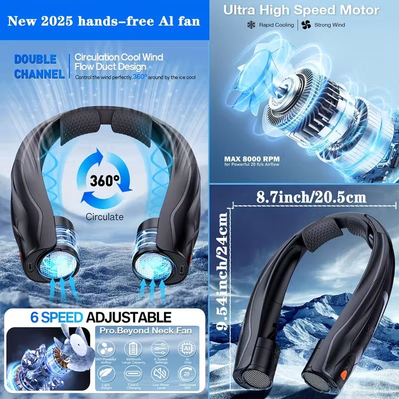 Neck Fan Portable USB 6000mAh 6-Speed Cooling
