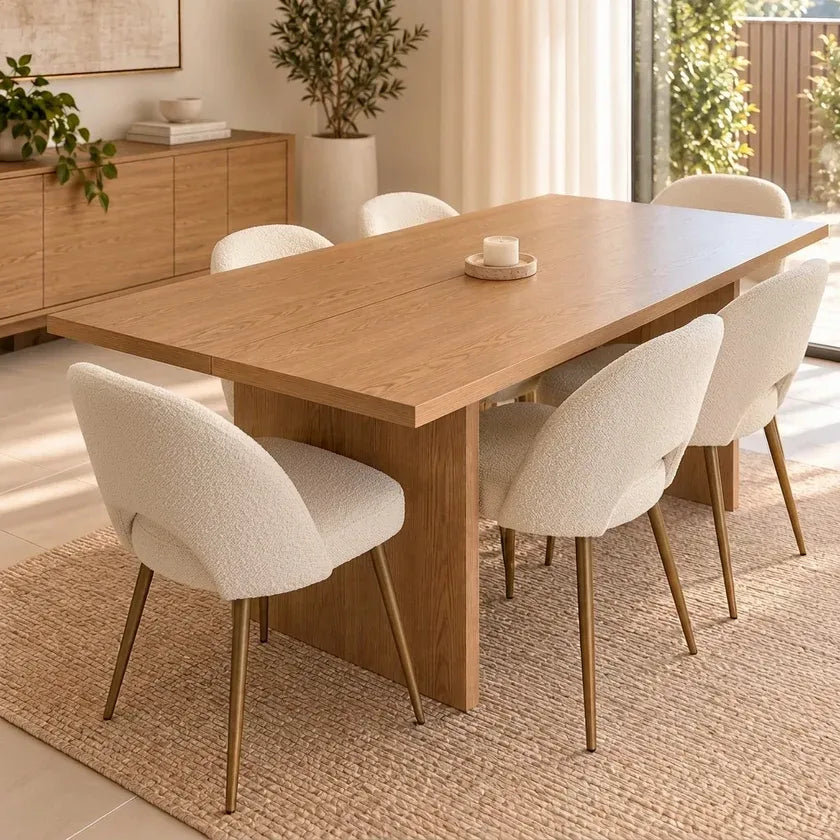 Bella 7Pcs Dining Set with 180cm Oak Rectangular Table & 6x White Sherpa Chairs with Golden Legs