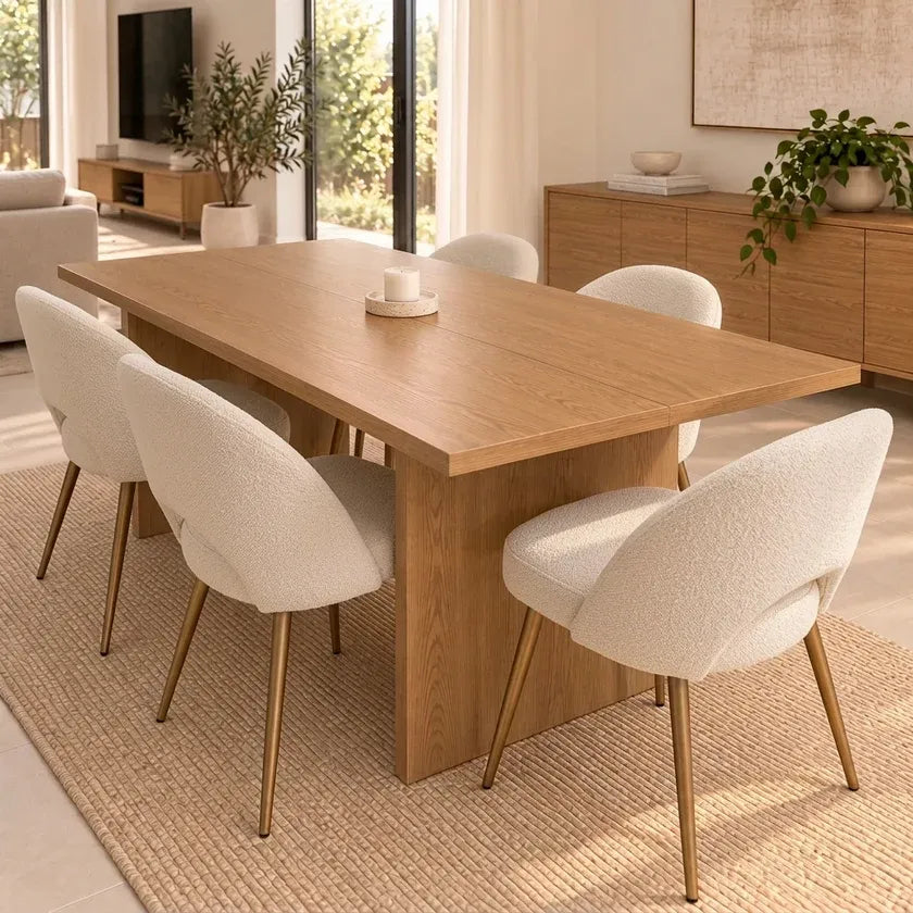 Bella 7Pcs Dining Set with 180cm Oak Rectangular Table & 6x White Sherpa Chairs with Golden Legs
