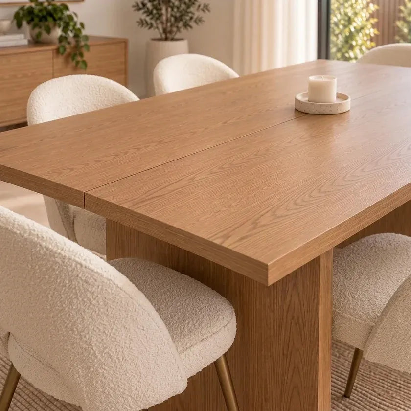 Bella 7Pcs Dining Set with 180cm Oak Rectangular Table & 6x White Sherpa Chairs with Golden Legs