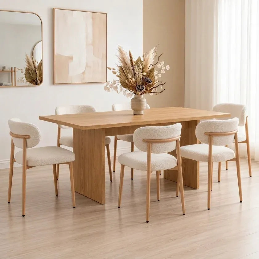 Jasmine 7Pcs Dining Set with 180cm Oak Rectangular Table & Six White Boucle Chairs
