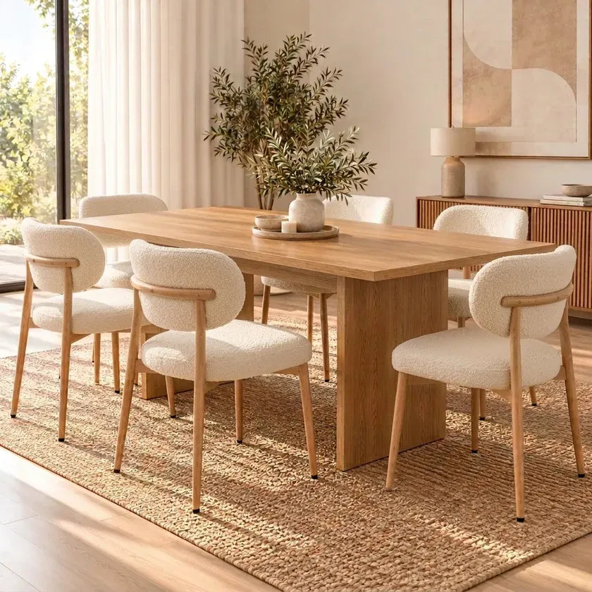 Jasmine 7Pcs Dining Set with 180cm Oak Rectangular Table & Six White Boucle Chairs