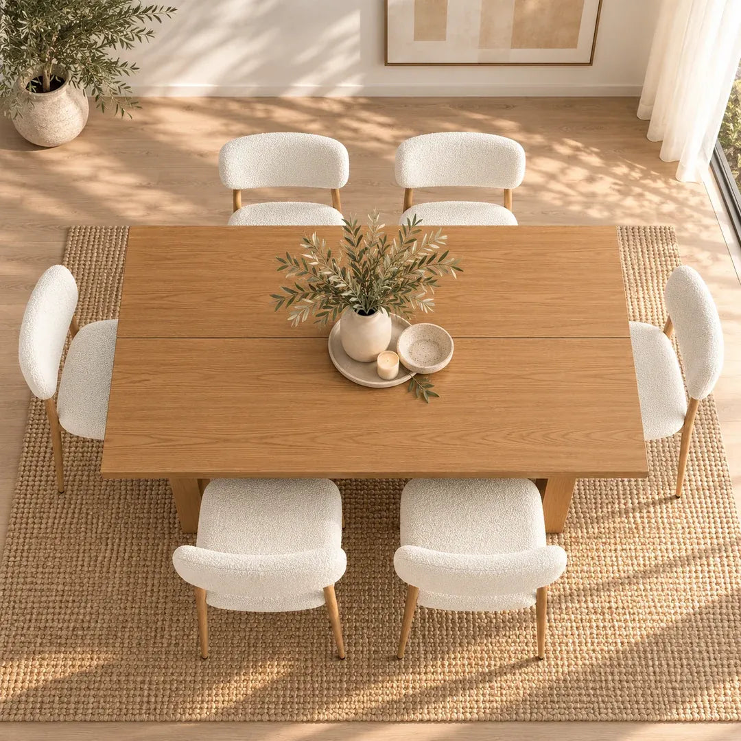 Jasmine 7Pcs Dining Set with 180cm Oak Rectangular Table & Six White Boucle Chairs