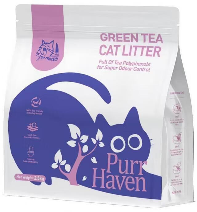 Cat Litter: Purr Haven Green Tea Cat Litter | 1 Carton | 6 Packs Per Carton | 2.5kg Per Pack