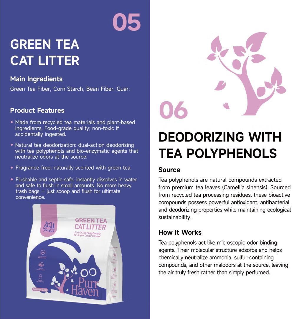 Cat Litter: Purr Haven Green Tea Cat Litter | 1 Carton | 6 Packs Per Carton | 2.5kg Per Pack