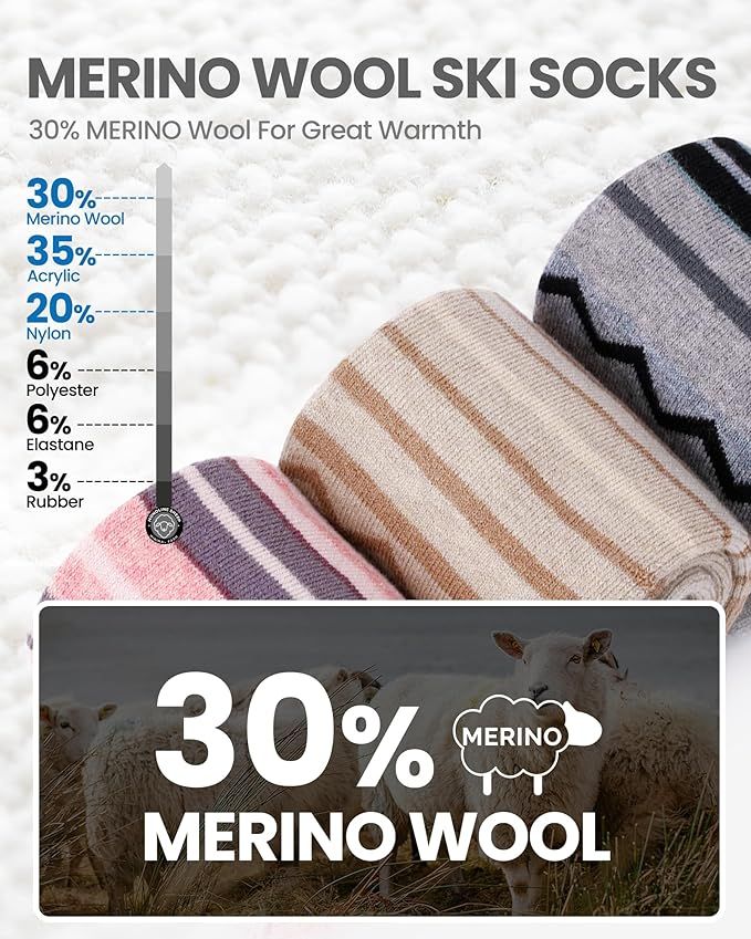 OutdoorMaster Ski Socks 2-Pack Merino Wool, Over The Calf Non-Slip Cuff for Men & Women