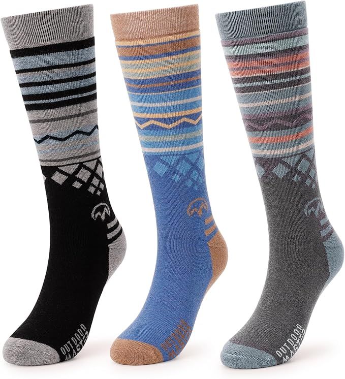 OutdoorMaster Ski Socks 3-Pack Merino Wool, Over The Calf Non-Slip Cuff for Men & Women