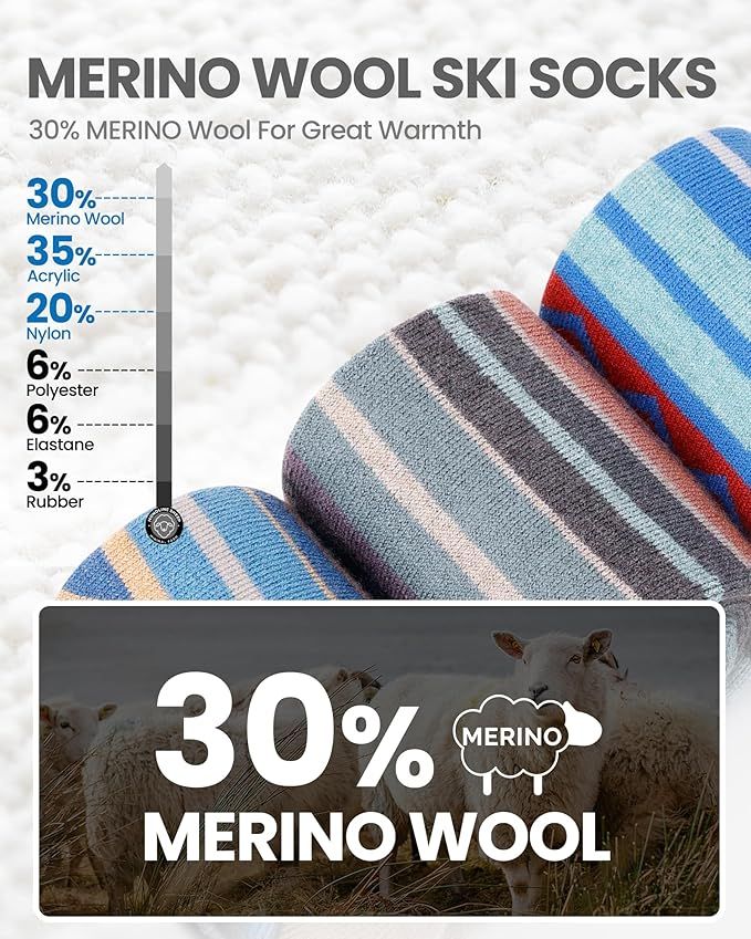 OutdoorMaster Ski Socks 3-Pack Merino Wool, Over The Calf Non-Slip Cuff for Men & Women