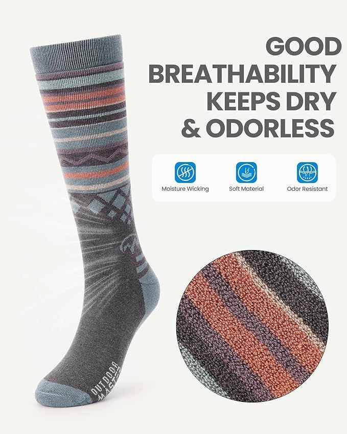 OutdoorMaster Ski Socks 3-Pack Merino Wool, Over The Calf Non-Slip Cuff for Men & Women