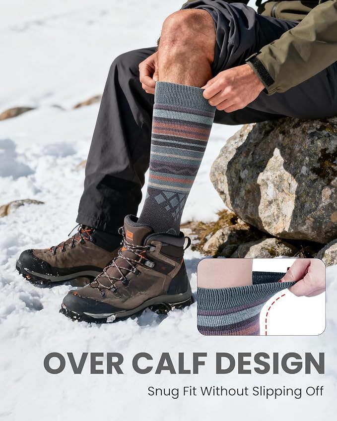 OutdoorMaster Ski Socks 3-Pack Merino Wool, Over The Calf Non-Slip Cuff for Men & Women