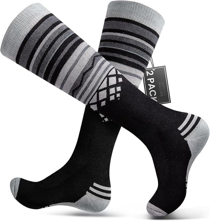 OutdoorMaster Ski Socks 2-Pack Merino Wool, Over The Calf Non-Slip Cuff for Men & Women-Black,Medium