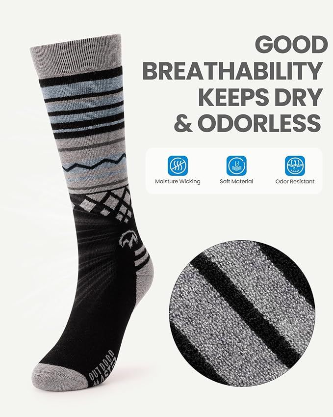 OutdoorMaster Ski Socks 2-Pack Merino Wool, Over The Calf Non-Slip Cuff for Men & Women-Black,Medium