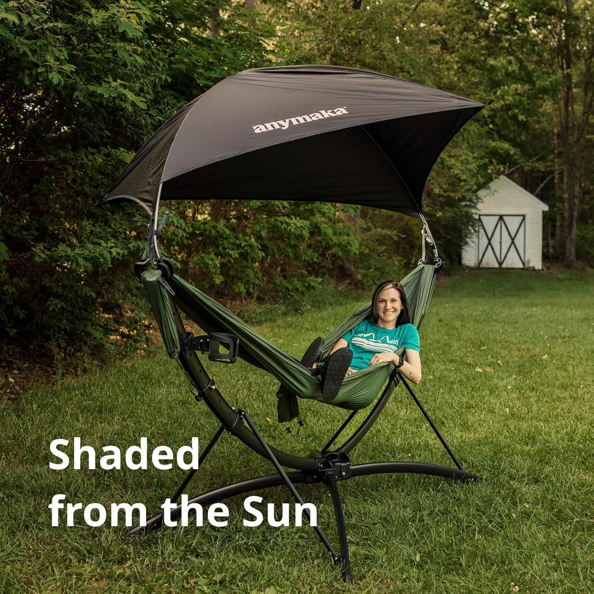 anymaka Set Up in 3 Seconds Adjustable Portable Aluminum Alloy Hammock Stand for Outside with Chair Mode & Lounge Mode up to 105'' (Full Pack Bundle Forest Green)