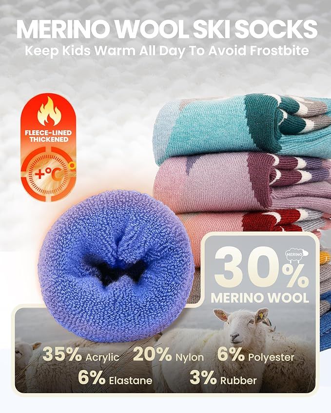 OutdoorMaster Merino Wool Ski Socks for Kids Boys & Girls Thermal Winter Warm Snowboarding Cold Weather-Blue Mountains - 2 Pack,Small