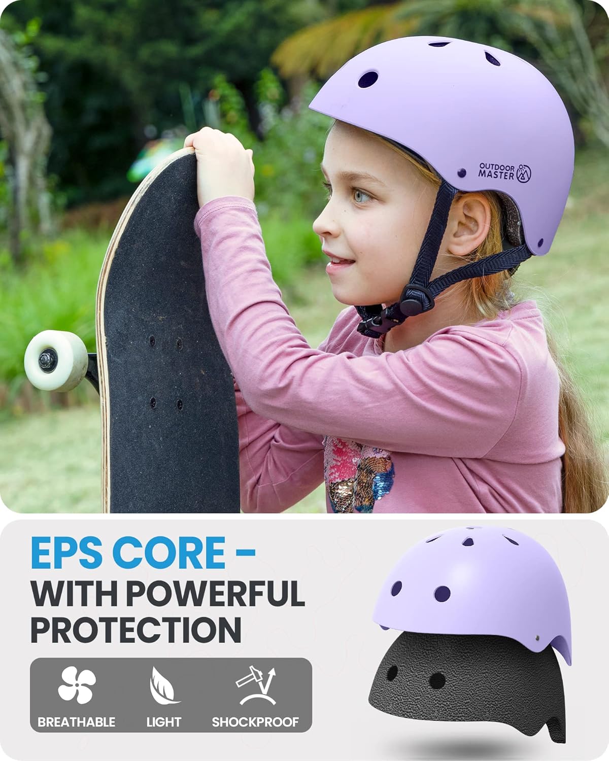 OutdoorMaster Youth & Kids Bike Helmet - Adjustable Multi-Sports Skateboard Helmet with Removable Liners for Balance Bike, Toddler Scooter, One Wheel Hoverboard-Taro purple-Medium