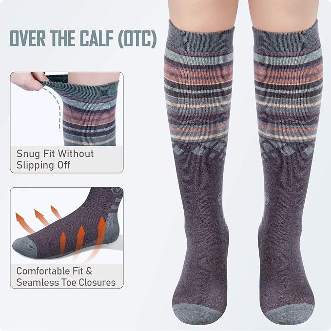 OutdoorMaster Ski Socks 4-Pack Merino Wool, Over The Calf Non-Slip Cuff for Men & Women