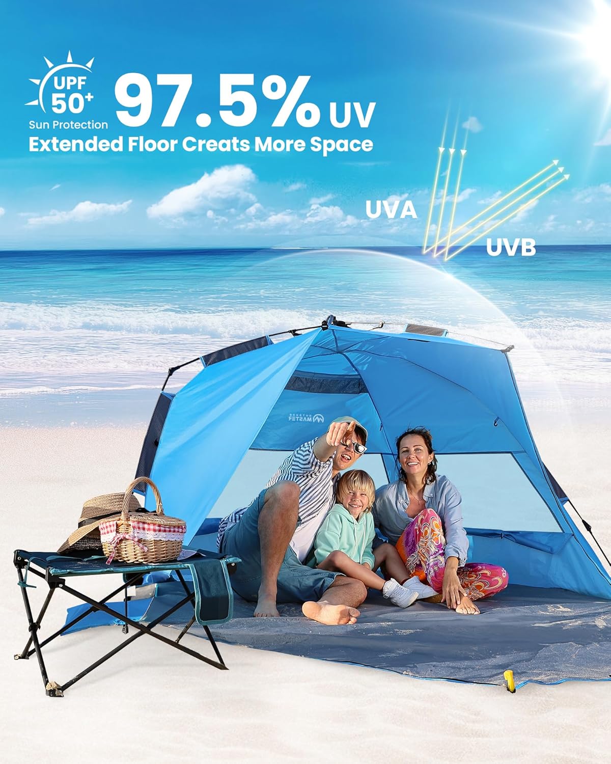 Tents: OutdoorMaster Pop Up 3-4 Person Beach Tent X-Large - Easy Setup, Portable Beach Shade Canopy Folding Sun Shelter with UPF 50+ UV Protection Removable Skylight Family Size (Blue)