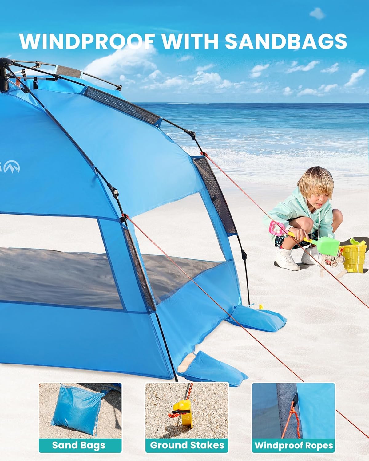 Tents: OutdoorMaster Pop Up 3-4 Person Beach Tent X-Large - Easy Setup, Portable Beach Shade Canopy Folding Sun Shelter with UPF 50+ UV Protection Removable Skylight Family Size (Blue)