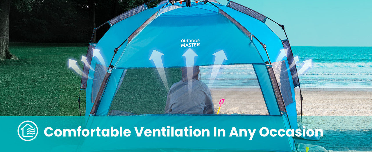 Tents: OutdoorMaster Pop Up 3-4 Person Beach Tent X-Large - Easy Setup, Portable Beach Shade Canopy Folding Sun Shelter with UPF 50+ UV Protection Removable Skylight Family Size (Blue)