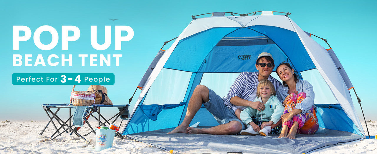 Tents: OutdoorMaster Pop Up 3-4 Person Beach Tent X-Large - Easy Setup, Portable Beach Shade Canopy Folding Sun Shelter with UPF 50+ UV Protection Removable Skylight Family Size (Blue)