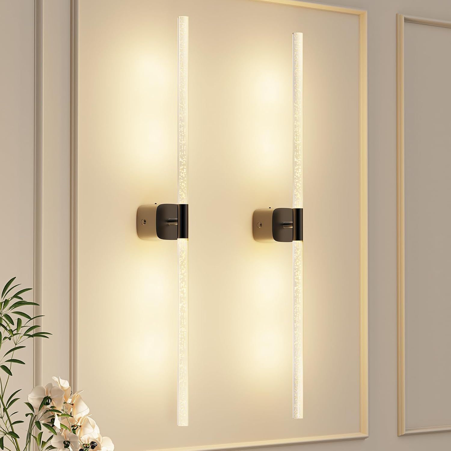 Black Battery Operated Wall Sconce Set of 2, Rechargeable Wireless Wall Lights with Remote and Touch, 360° Rotatable Sconces Wall Decor for Bedroom Living Room (31.49 Inch, 2-Pack)