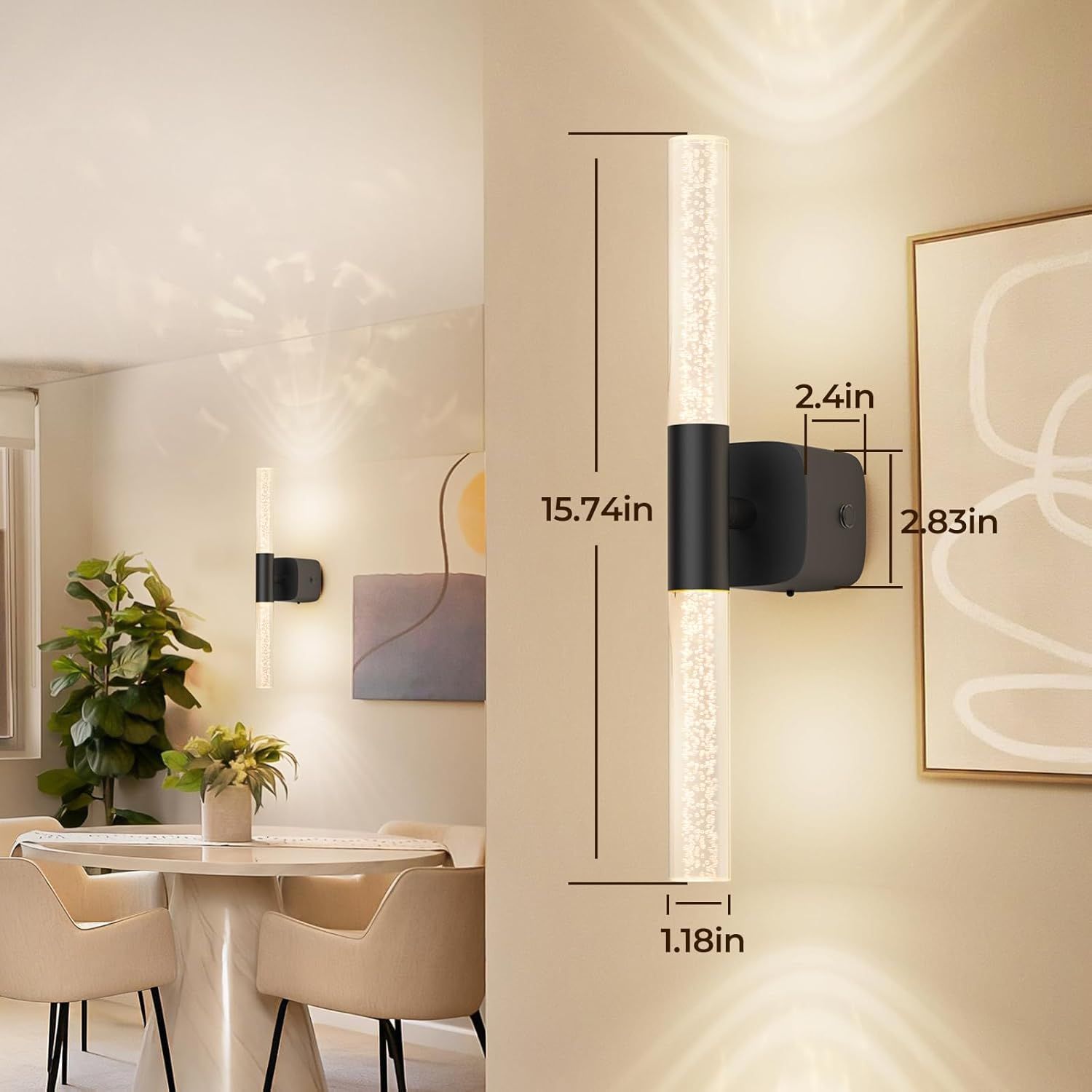 Battery Operated Wall Sconce Set of 2 Black Rechargeable Crystal Sconce Wall Decor Set of 2 with 12000mAh 16" CCT Dimmable 350° Rotate Remote Wireless Wall Light for Bedroom Living Room